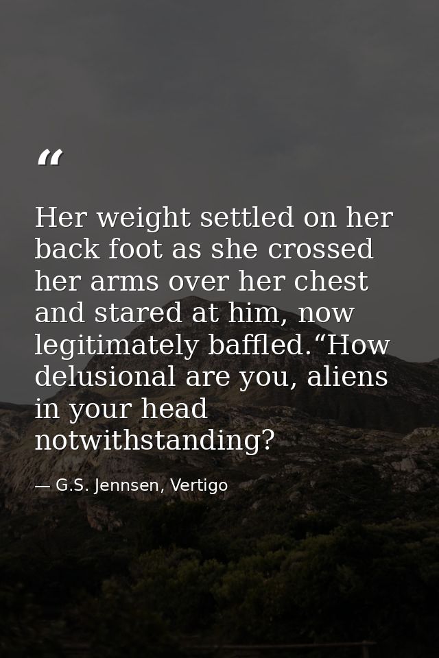Her weight settled on her back foot as she crossed her arms over her chest and stared at him, now legitimately baffled.“ — G.S. Jennsen, Vertigo