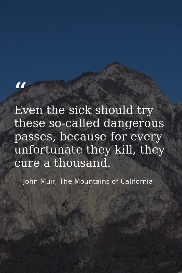 Even the sick should try these so-called dangerous passes, because for every unfortunate they kill, they cure a thousand — John Muir, The Mountains of California