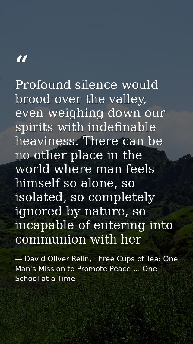Profound silence would brood over the valley, even weighing down our spirits with indefinable heaviness. There can be no — David Oliver Relin, Three Cups of Tea: One Man's Mission to Promote Peace ... One School at a Time