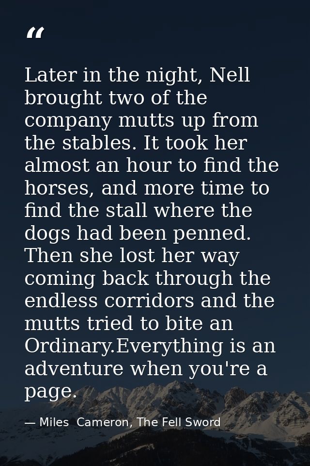 Later in the night, Nell brought two of the company mutts up from the stables. It took her almost an hour to find the ho — Miles  Cameron, The Fell Sword