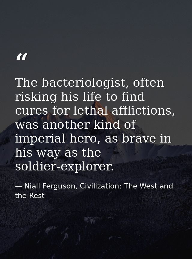 The bacteriologist, often risking his life to find cures for lethal afflictions, was another kind of imperial hero, as b — Niall Ferguson, Civilization: The West and the Rest