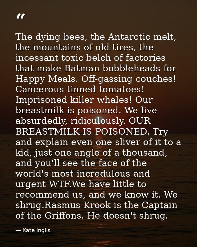 The dying bees, the Antarctic melt, the mountains of old tires, the incessant toxic belch of factories that make Batman  — Kate Inglis