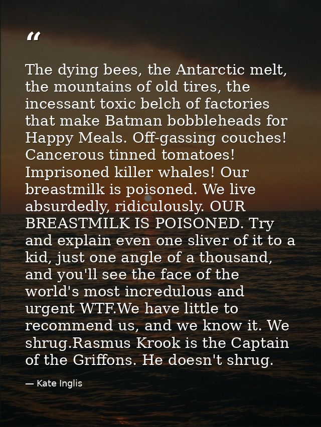 The dying bees, the Antarctic melt, the mountains of old tires, the incessant toxic belch of factories that make Batman  — Kate Inglis