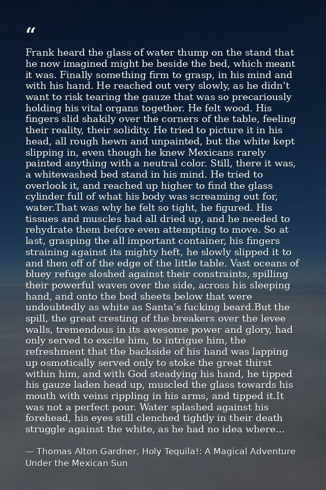 Frank heard the glass of water thump on the stand that he now imagined might be beside the bed, which meant it was. Fina — Thomas Alton Gardner, Holy Tequila!: A Magical Adventure Under the Mexican Sun