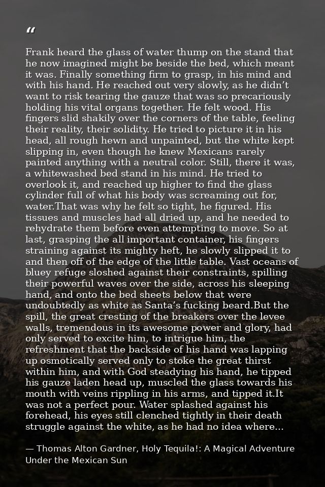 Frank heard the glass of water thump on the stand that he now imagined might be beside the bed, which meant it was. Fina — Thomas Alton Gardner, Holy Tequila!: A Magical Adventure Under the Mexican Sun