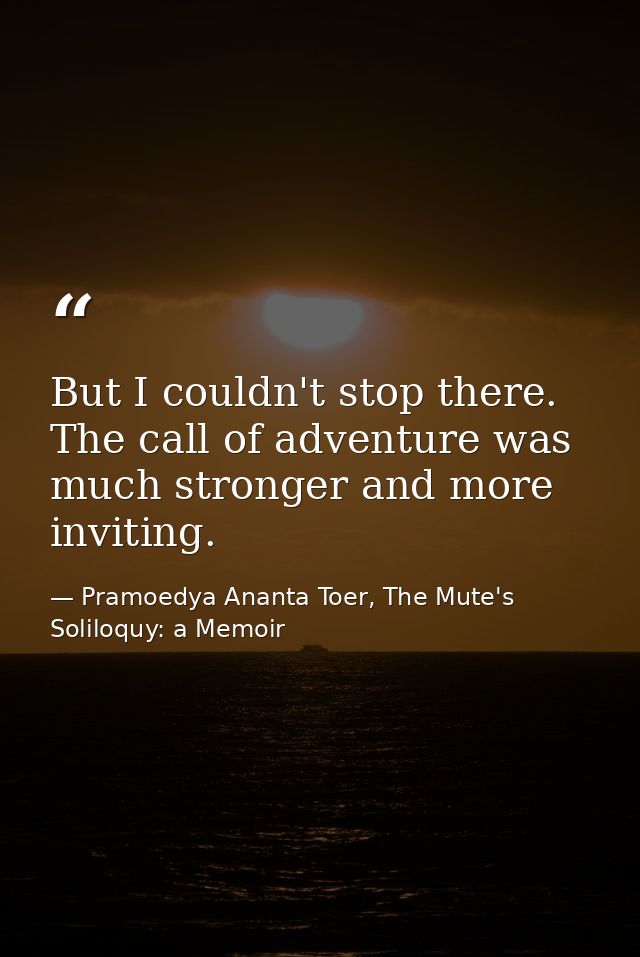 But I couldn't stop there. The call of adventure was much stronger and more inviting. — Pramoedya Ananta Toer, The Mute's Soliloquy: a Memoir