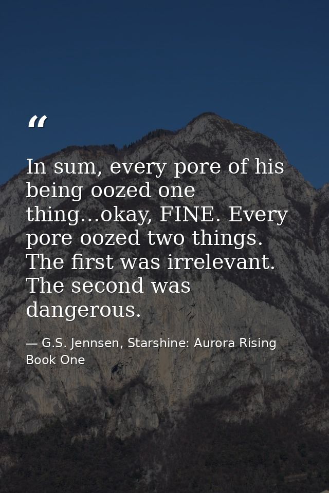 In sum, every pore of his being oozed one thing…okay, FINE. Every pore oozed two things. The first was irrelevant. The s — G.S. Jennsen, Starshine: Aurora Rising Book One