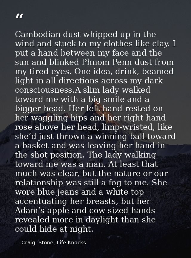 Cambodian dust whipped up in the wind and stuck to my clothes like clay. I put a hand between my face and the sun and bl — Craig  Stone, Life Knocks