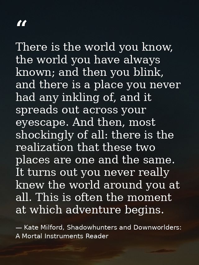 There is the world you know, the world you have always known; and then you blink, and there is a place you never had any — Kate Milford, Shadowhunters and Downworlders: A Mortal Instruments Reader