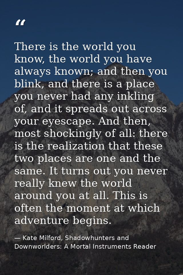 There is the world you know, the world you have always known; and then you blink, and there is a place you never had any — Kate Milford, Shadowhunters and Downworlders: A Mortal Instruments Reader
