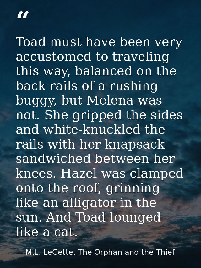 Toad must have been very accustomed to traveling this way, balanced on the back rails of a rushing buggy, but Melena was — M.L. LeGette, The Orphan and the Thief