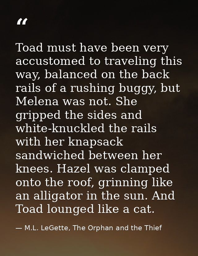 Toad must have been very accustomed to traveling this way, balanced on the back rails of a rushing buggy, but Melena was — M.L. LeGette, The Orphan and the Thief