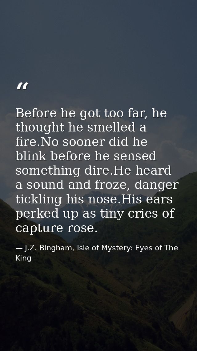 Before he got too far, he thought he smelled a fire.No sooner did he blink before he sensed something dire.He heard a so — J.Z. Bingham, Isle of Mystery: Eyes of The King