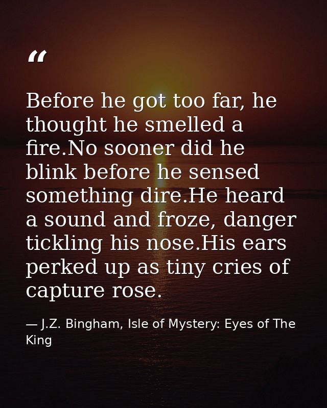 Before he got too far, he thought he smelled a fire.No sooner did he blink before he sensed something dire.He heard a so — J.Z. Bingham, Isle of Mystery: Eyes of The King