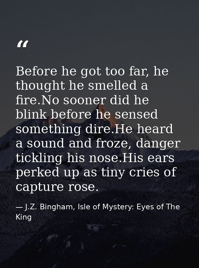 Before he got too far, he thought he smelled a fire.No sooner did he blink before he sensed something dire.He heard a so — J.Z. Bingham, Isle of Mystery: Eyes of The King