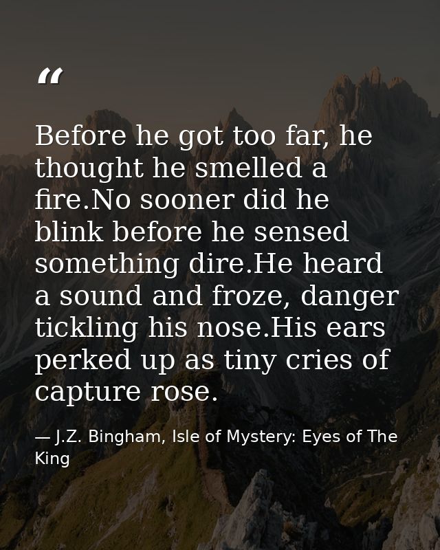 Before he got too far, he thought he smelled a fire.No sooner did he blink before he sensed something dire.He heard a so — J.Z. Bingham, Isle of Mystery: Eyes of The King