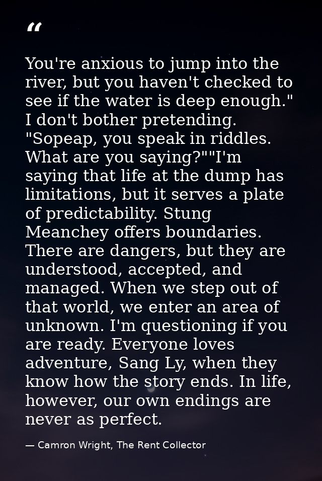 You're anxious to jump into the river, but you haven't checked to see if the water is deep enough." I don't bother prete — Camron Wright, The Rent Collector