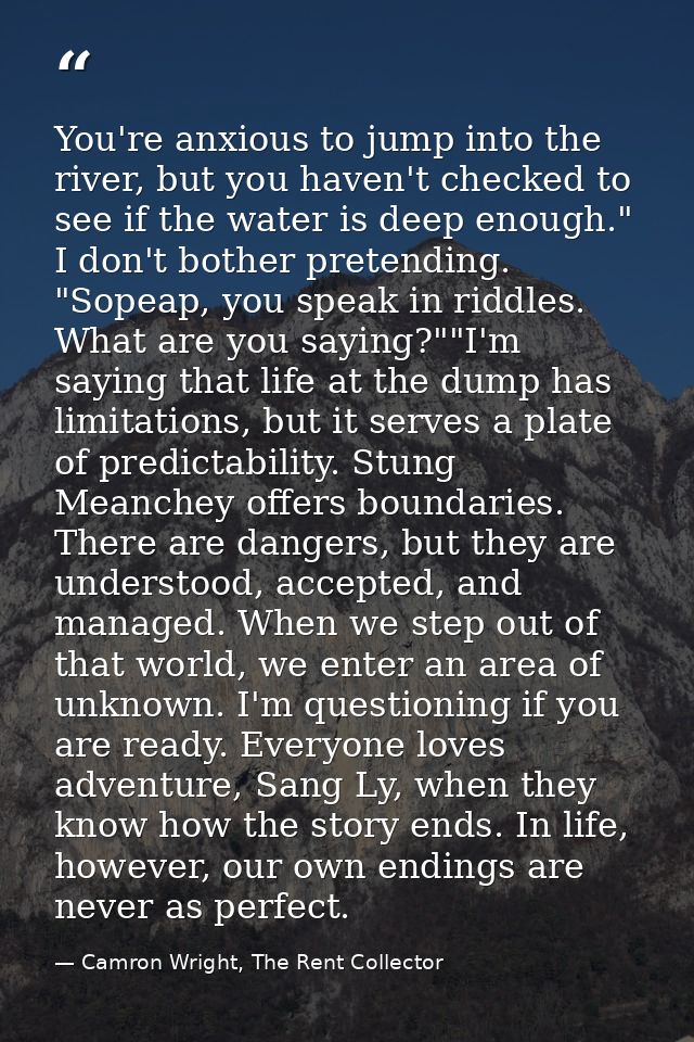 You're anxious to jump into the river, but you haven't checked to see if the water is deep enough." I don't bother prete — Camron Wright, The Rent Collector