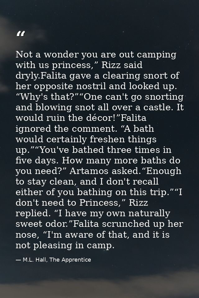 Not a wonder you are out camping with us princess,” Rizz said dryly.Falita gave a clearing snort of her opposite nostril — M.L. Hall, The Apprentice