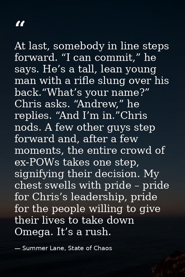 At last, somebody in line steps forward. “I can commit,” he says. He’s a tall, lean young man with a rifle slung over hi — Summer Lane, State of Chaos