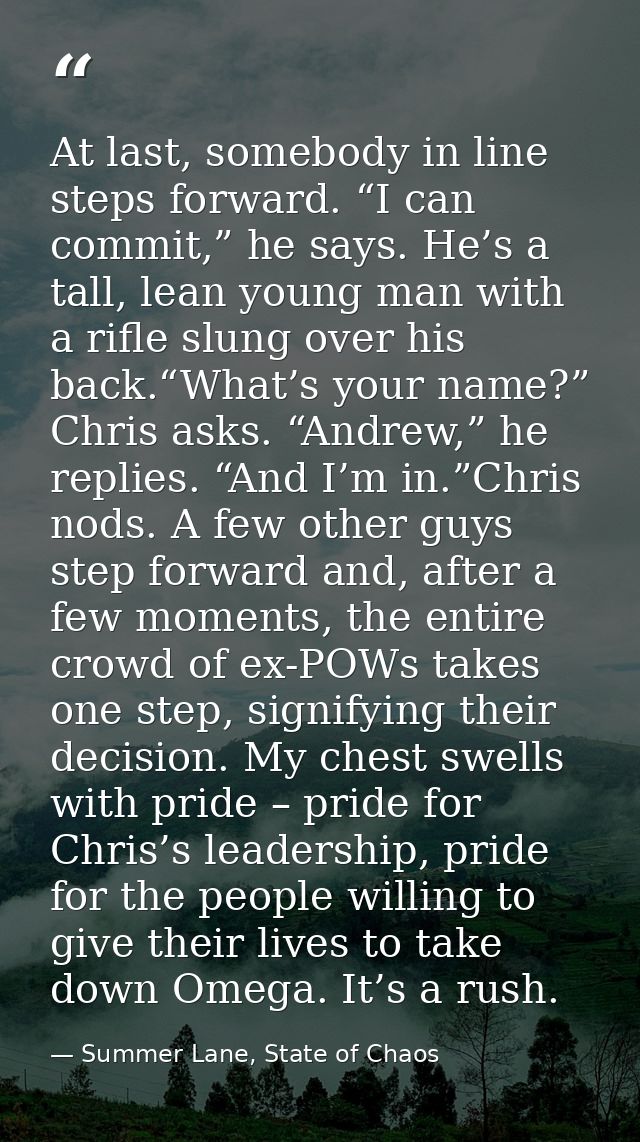 At last, somebody in line steps forward. “I can commit,” he says. He’s a tall, lean young man with a rifle slung over hi — Summer Lane, State of Chaos