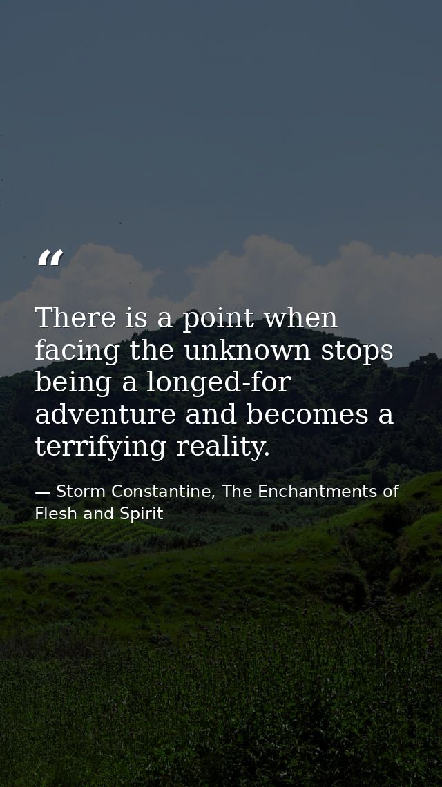 There is a point when facing the unknown stops being a longed-for adventure and becomes a terrifying reality. — Storm Constantine, The Enchantments of Flesh and Spirit