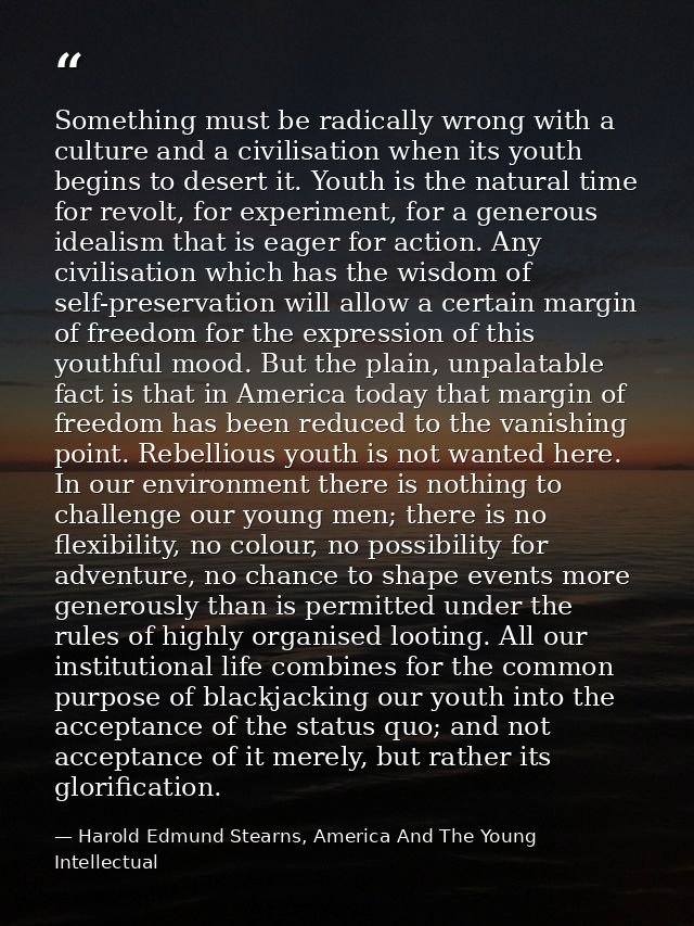 Something must be radically wrong with a culture and a civilisation when its youth begins to desert it. Youth is the nat — Harold Edmund Stearns, America And The Young Intellectual