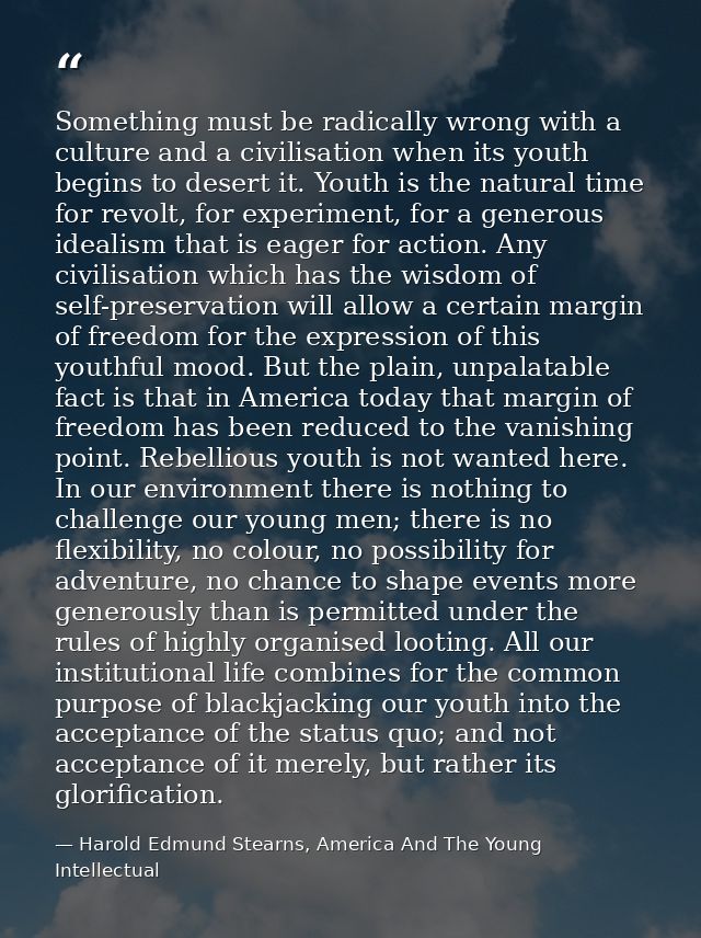 Something must be radically wrong with a culture and a civilisation when its youth begins to desert it. Youth is the nat — Harold Edmund Stearns, America And The Young Intellectual