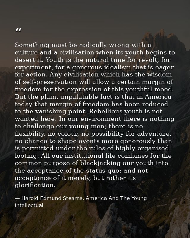 Something must be radically wrong with a culture and a civilisation when its youth begins to desert it. Youth is the nat — Harold Edmund Stearns, America And The Young Intellectual