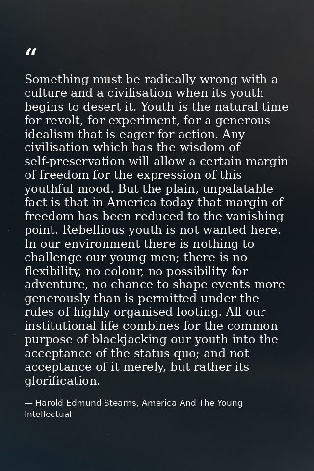Something must be radically wrong with a culture and a civilisation when its youth begins to desert it. Youth is the nat — Harold Edmund Stearns, America And The Young Intellectual