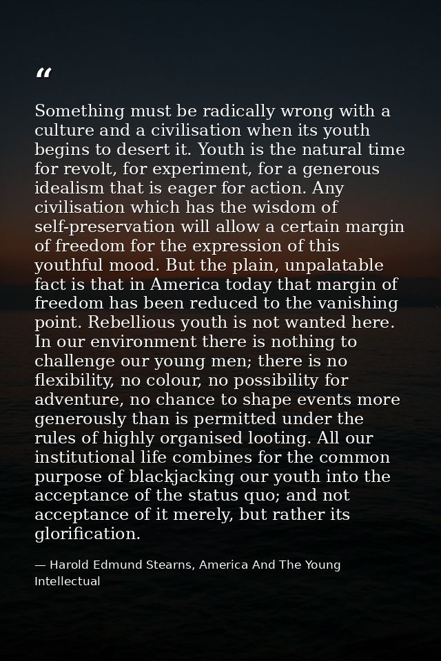 Something must be radically wrong with a culture and a civilisation when its youth begins to desert it. Youth is the nat — Harold Edmund Stearns, America And The Young Intellectual