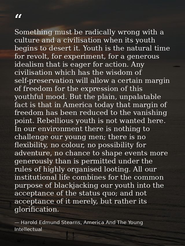 Something must be radically wrong with a culture and a civilisation when its youth begins to desert it. Youth is the nat — Harold Edmund Stearns, America And The Young Intellectual