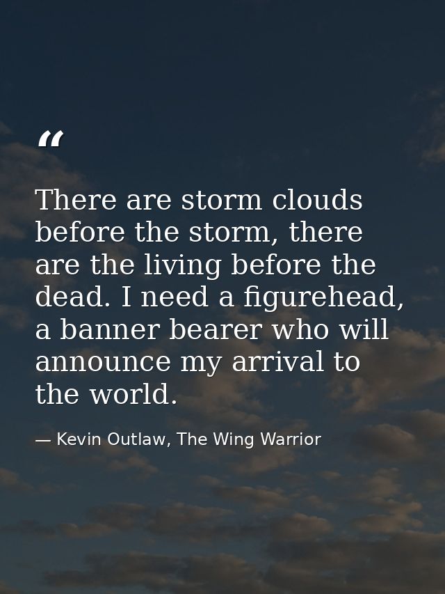 There are storm clouds before the storm, there are the living before the dead. I need a figurehead, a banner bearer who  — Kevin Outlaw, The Wing Warrior