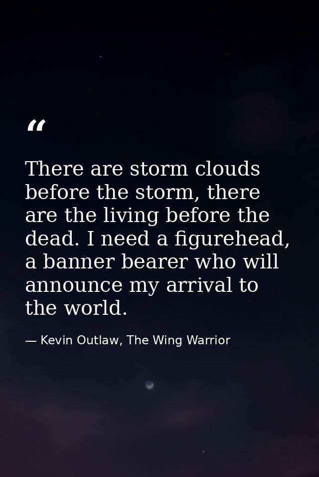 There are storm clouds before the storm, there are the living before the dead. I need a figurehead, a banner bearer who  — Kevin Outlaw, The Wing Warrior