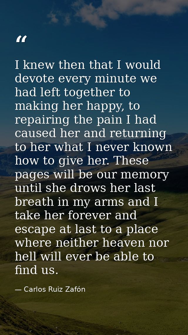 I knew then that I would devote every minute we had left together to making her happy, to repairing the pain I had cause — Carlos Ruiz Zafón