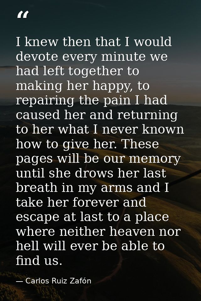 I knew then that I would devote every minute we had left together to making her happy, to repairing the pain I had cause — Carlos Ruiz Zafón