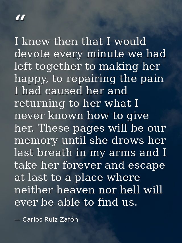 I knew then that I would devote every minute we had left together to making her happy, to repairing the pain I had cause — Carlos Ruiz Zafón