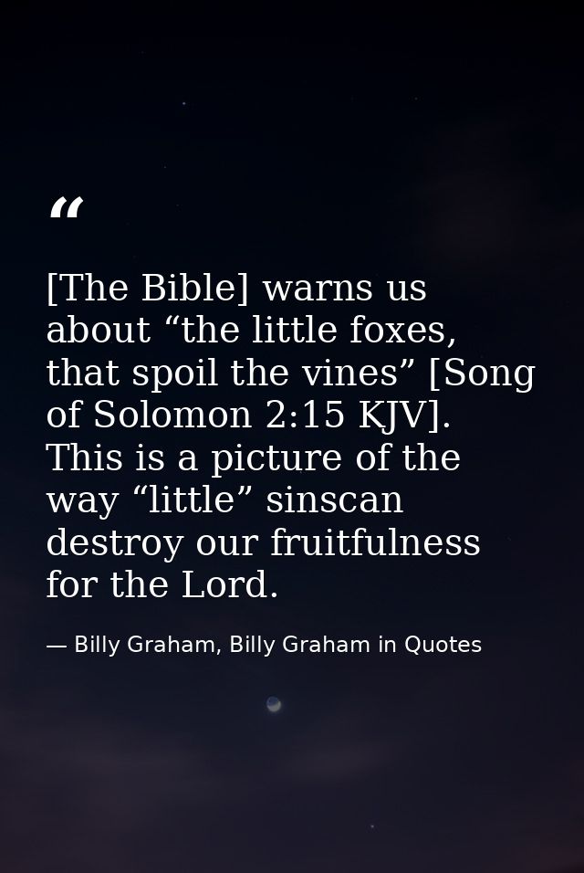 [The Bible] warns us about “the little foxes, that spoil the vines” [Song of Solomon 2:15 KJV]. This is a picture of the — Billy Graham, Billy Graham in Quotes
