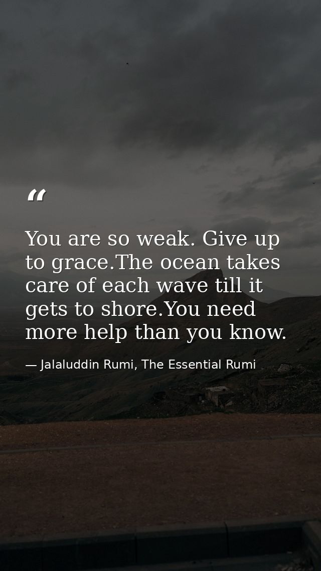 You are so weak. Give up to grace.The ocean takes care of each wave till it gets to shore.You need more help than you kn — Jalaluddin Rumi, The Essential Rumi