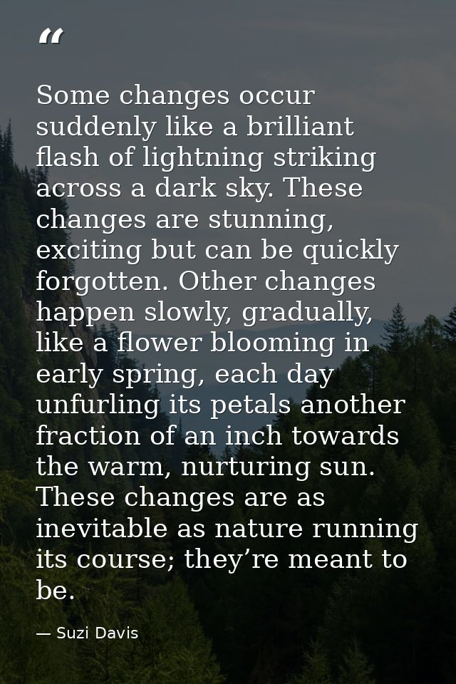 Some changes occur suddenly like a brilliant flash of lightning striking across a dark sky. These changes are stunning,  — Suzi Davis