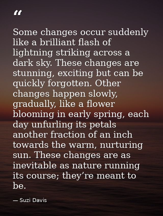 Some changes occur suddenly like a brilliant flash of lightning striking across a dark sky. These changes are stunning,  — Suzi Davis