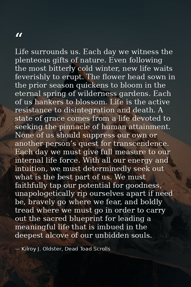 Life surrounds us. Each day we witness the plenteous gifts of nature. Even following the most bitterly cold winter, new  — Kilroy J. Oldster, Dead Toad Scrolls