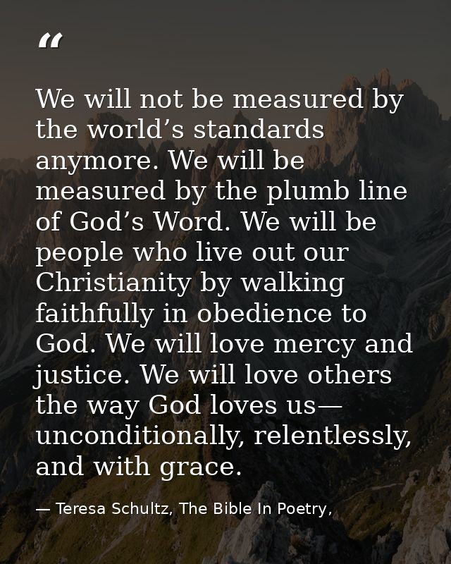 We will not be measured by the world’s standards anymore. We will be measured by the plumb line of God’s Word. We will b — Teresa Schultz, The Bible In Poetry,