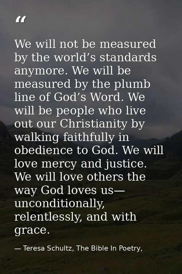 We will not be measured by the world’s standards anymore. We will be measured by the plumb line of God’s Word. We will b — Teresa Schultz, The Bible In Poetry,