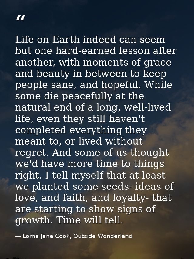 Life on Earth indeed can seem but one hard-earned lesson after another, with moments of grace and beauty in between to k — Lorna Jane Cook, Outside Wonderland