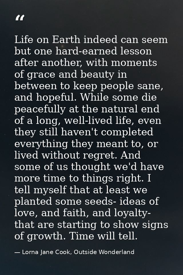 Life on Earth indeed can seem but one hard-earned lesson after another, with moments of grace and beauty in between to k — Lorna Jane Cook, Outside Wonderland