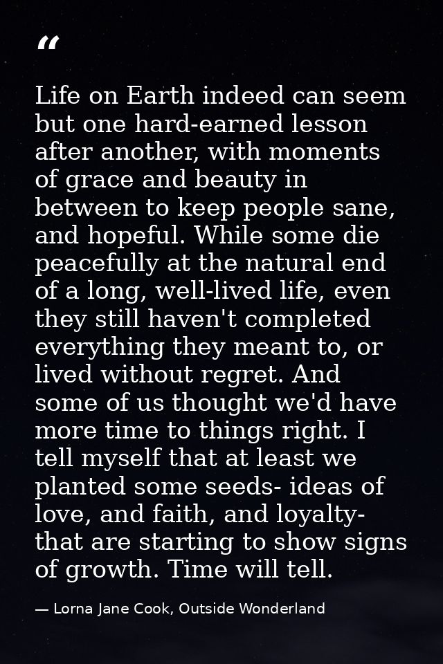 Life on Earth indeed can seem but one hard-earned lesson after another, with moments of grace and beauty in between to k — Lorna Jane Cook, Outside Wonderland