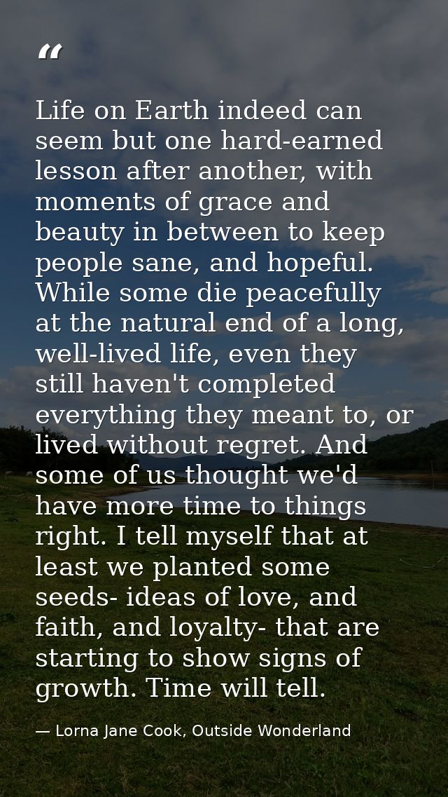 Life on Earth indeed can seem but one hard-earned lesson after another, with moments of grace and beauty in between to k — Lorna Jane Cook, Outside Wonderland