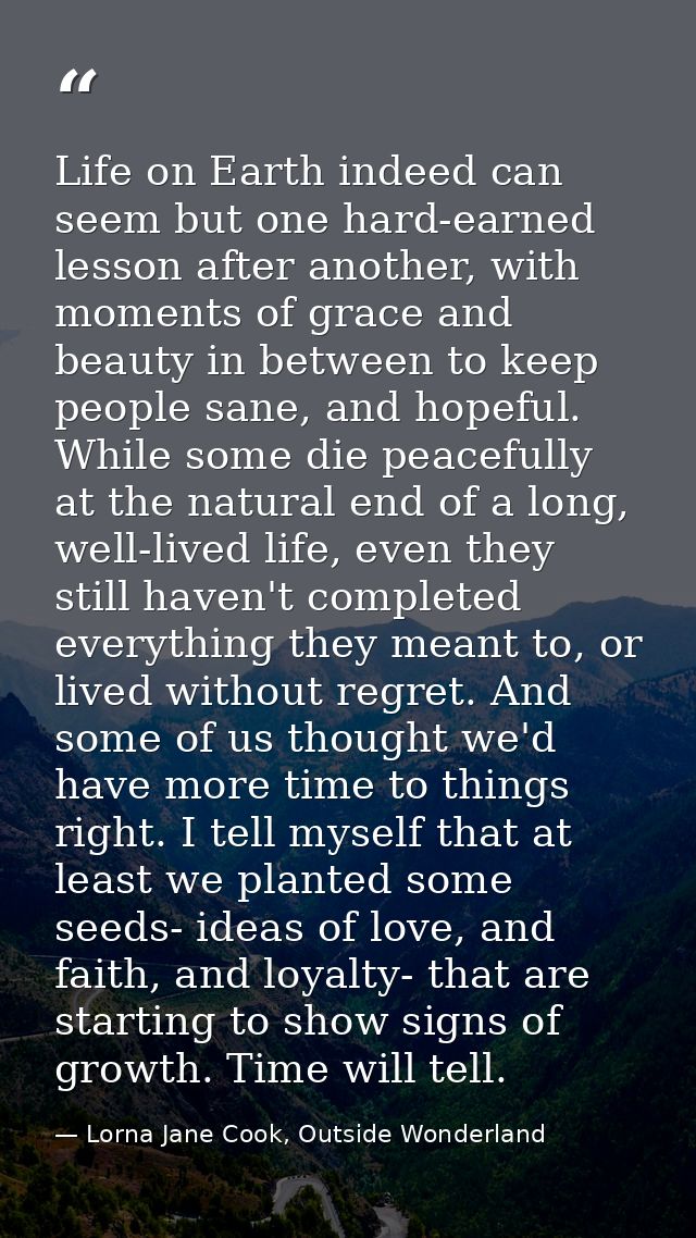 Life on Earth indeed can seem but one hard-earned lesson after another, with moments of grace and beauty in between to k — Lorna Jane Cook, Outside Wonderland