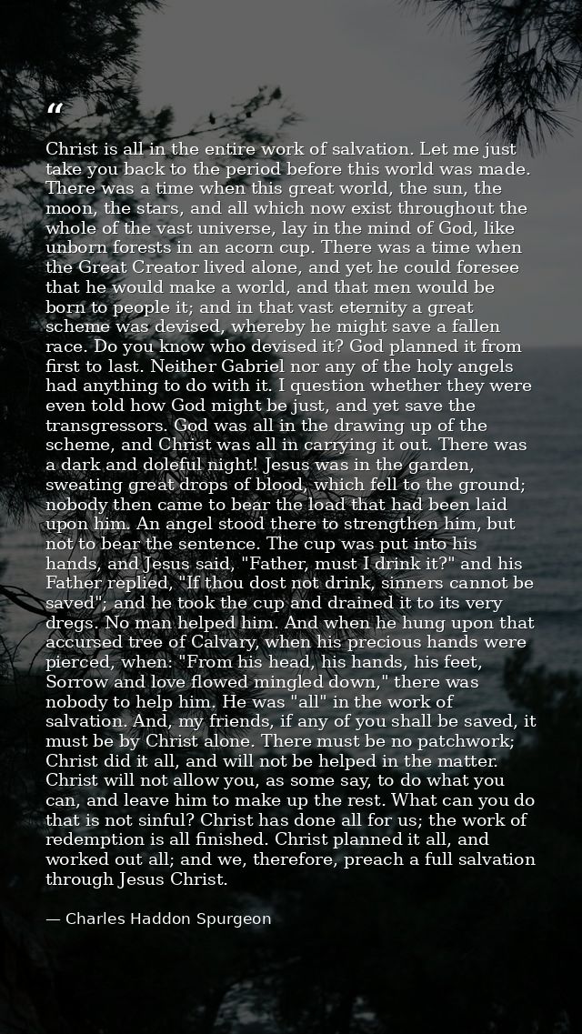 Christ is all in the entire work of salvation. Let me just take you back to the period before this world was made. There — Charles Haddon Spurgeon